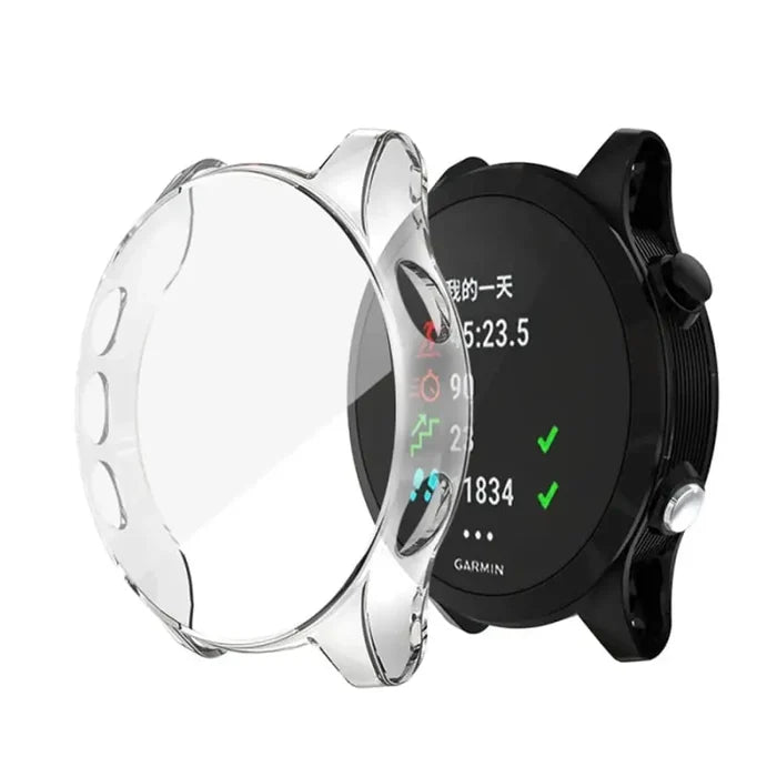 Clear protective case for Garmin Forerunner 935 watch by Habicare, showcasing transparent, durable cover on the device.