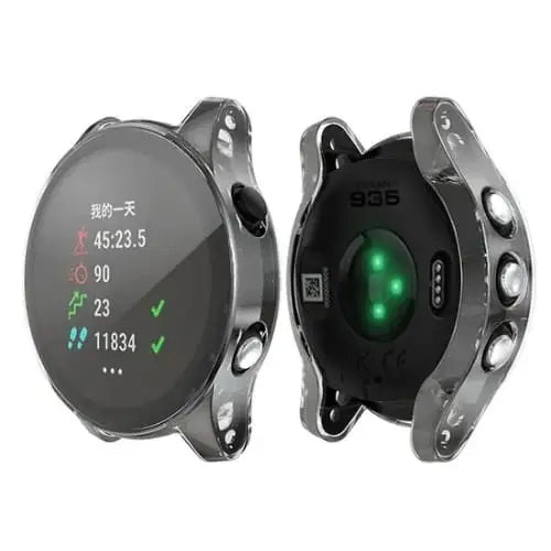 Clear protective case for Garmin Forerunner 935 watch by Habicare, showing a transparent, snug-fitting cover on the watch.