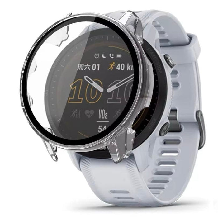 Clear protective case for Garmin Forerunner 955 smartwatch, round display, durable and transparent, designed to shield the watch.