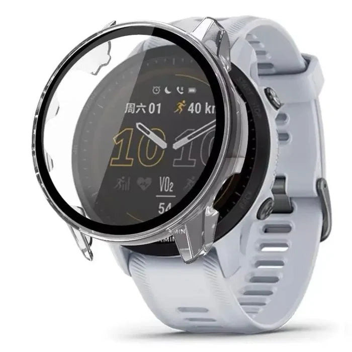 Clear protective case for Garmin Forerunner 955 watch by Habicare, shown fitted around the smartwatch.