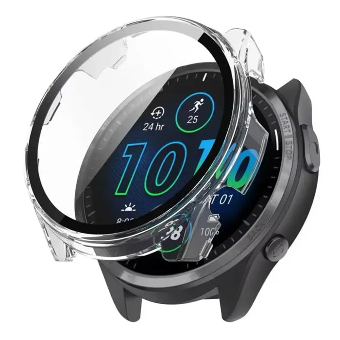 Clear Habicare protective case for Garmin Forerunner 965 watch, featuring a transparent design with a border for added protection.