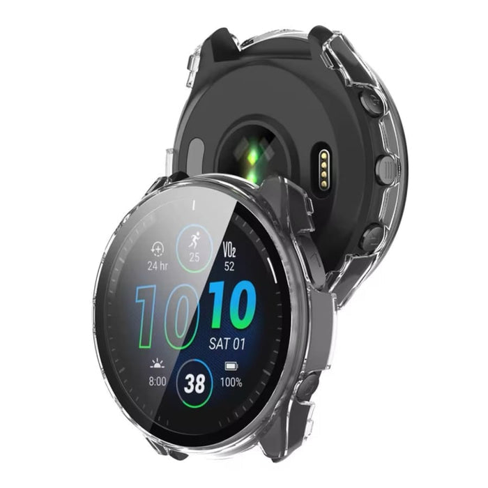 Clear protective watch case for Garmin Forerunner 965 with ring, designed for round display, fits smartwatch securely.