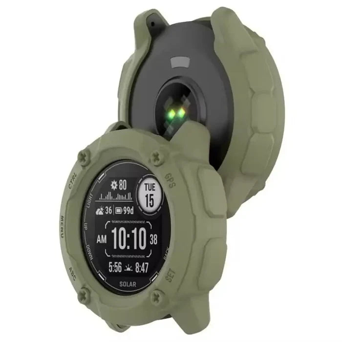 Green Garmin Instinct 2X Solar Series protective watch case by Habicare, offering durable coverage for smartwatch protection.