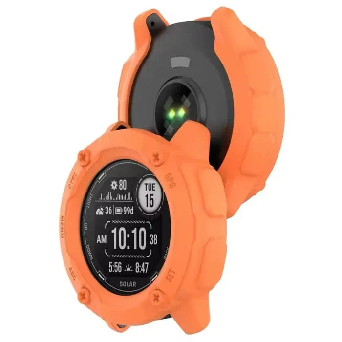 Orange Habicare protective watch case for Garmin Instinct 2X Solar Series, designed to shield and enhance the watch's durability.