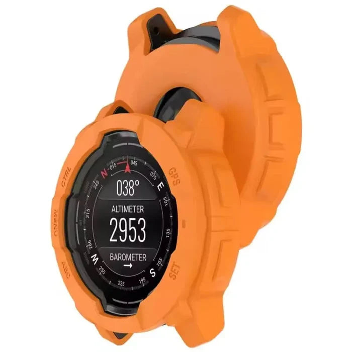 Orange Habicare protective case for Garmin Instinct 3 45mm watch, offering durable coverage and style for the smartwatch.