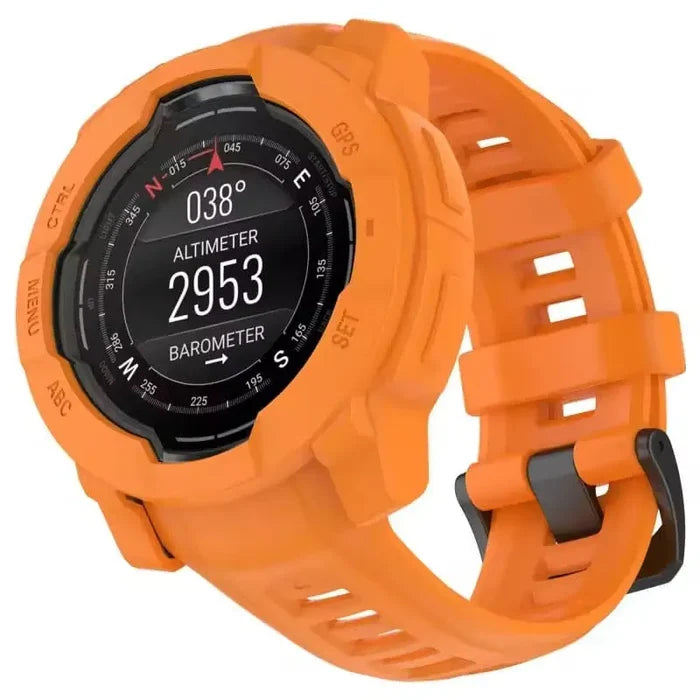 Orange Habicare protective watch case for Garmin Instinct 3 45mm, designed to shield and protect the smartwatch.