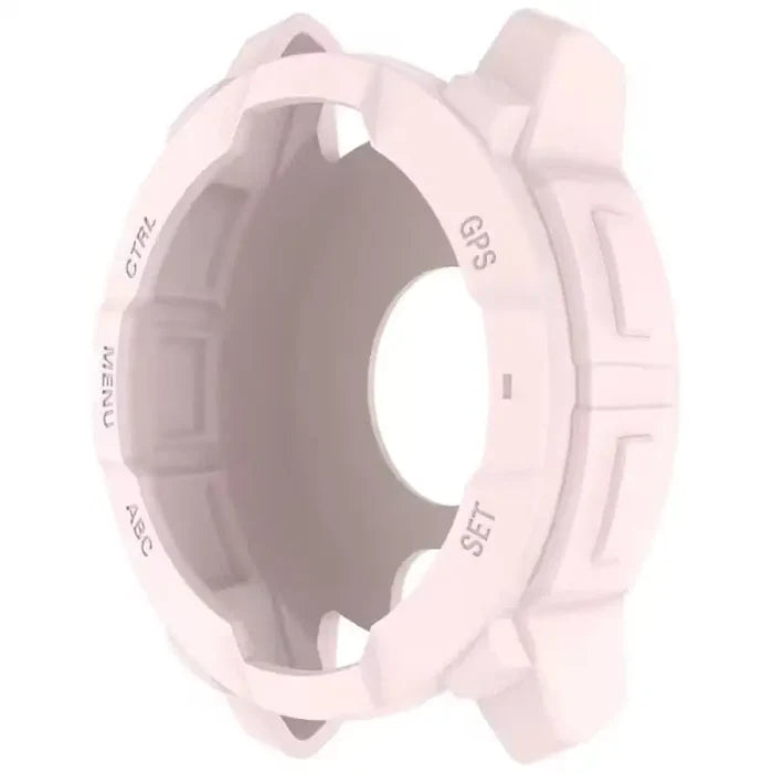 Pink Habicare protective case for Garmin Instinct 3 45mm watch, showing the snug fit and durable design for added protection.