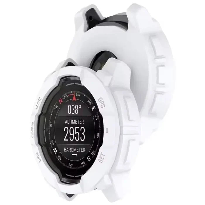 White Habicare protective case for Garmin Instinct 3 45mm watch, providing durable coverage and style.