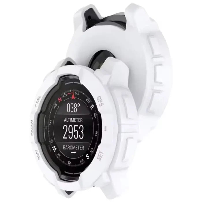 White Habicare protective case for Garmin Instinct 3 50mm watch, durable cover providing screen and body protection.