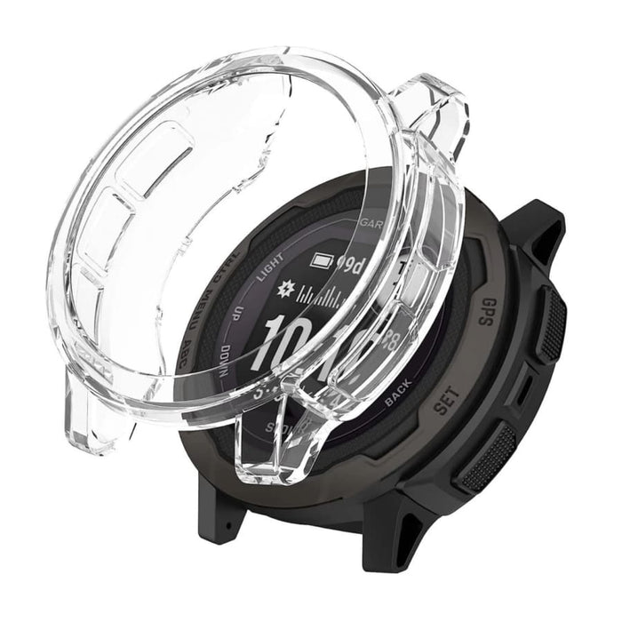 Clear protective case for Garmin Instinct smartwatch, black watch face visible, designed to shield and customize the device.
