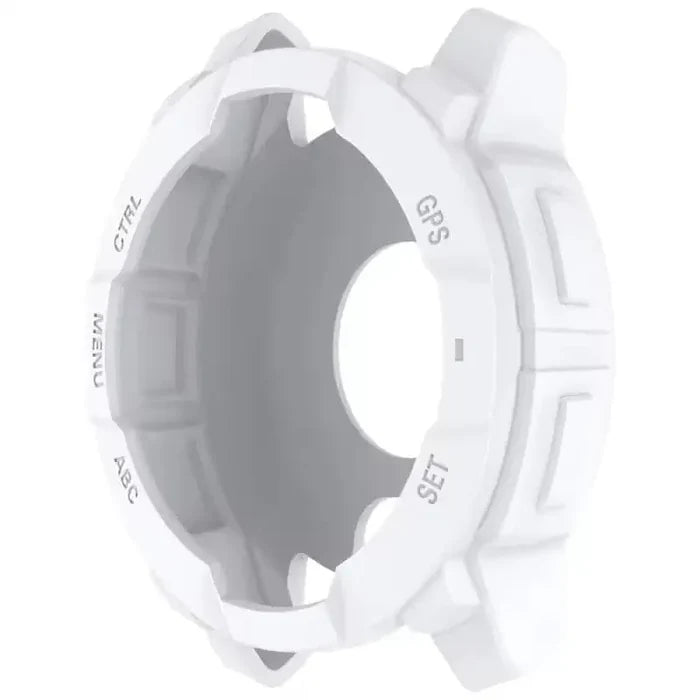 White Habicare protective case for Garmin Instinct E 40mm watch, showing reinforced edges and precise cutouts for screen and buttons.