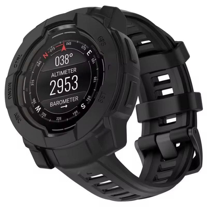 Black protective watch case for Garmin Instinct E 45mm, rugged and durable, designed to safeguard the smartwatch.