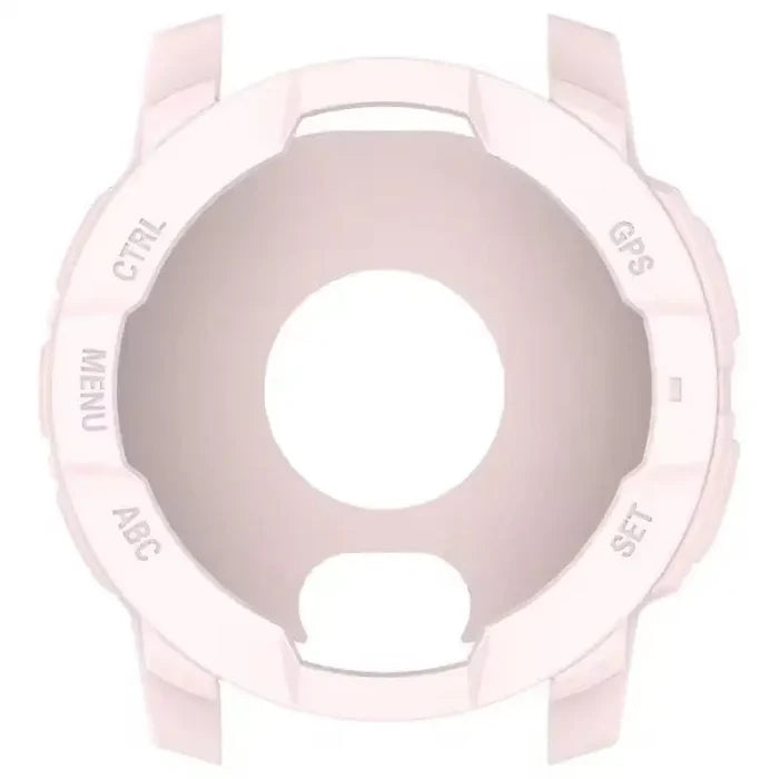 Pink Habicare protective case for Garmin Instinct E 45mm watch, showing the snug-fitting plastic cover over the watch face and band.