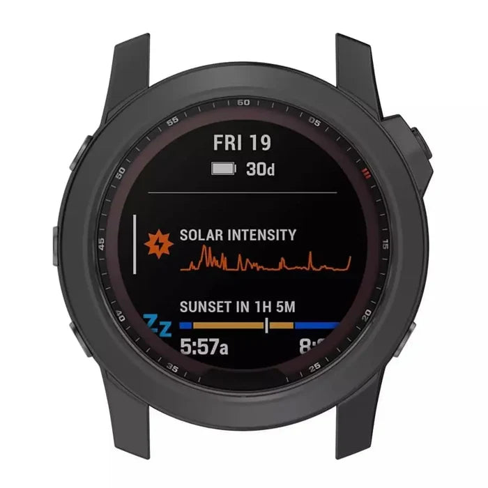 Black Habicare protective case for Garmin quatix 5 watch, providing durable coverage and secure fit.