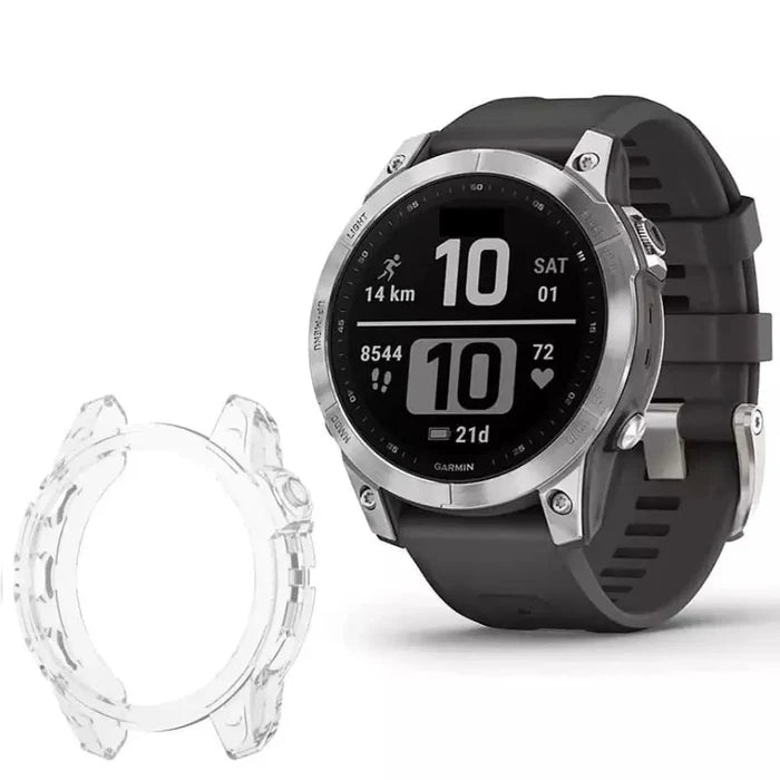 Clear protective case for Garmin quatix 7 watch by Habicare, showing the transparent, snug-fit design covering the device.