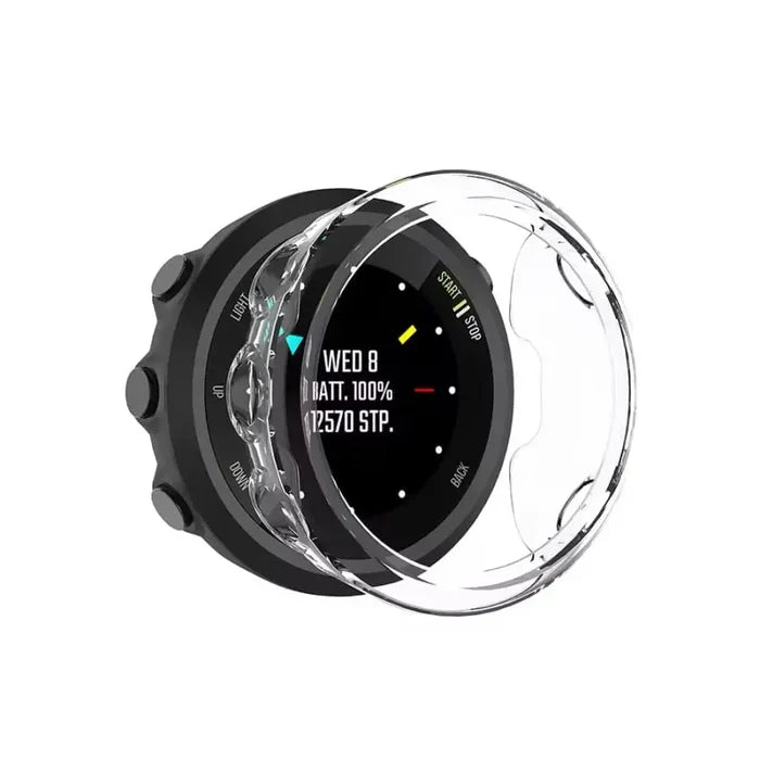 Clear Habicare protective case for Garmin Swim 2 watch, providing durable coverage and screen protection.