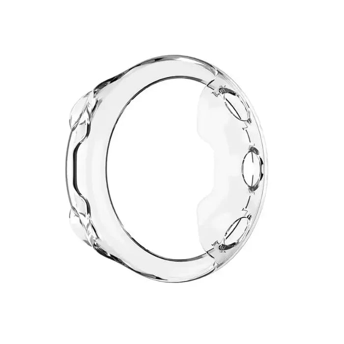Clear Habicare protective case for Garmin Swim 2 watch, showing the transparent cover fitted over the device.
