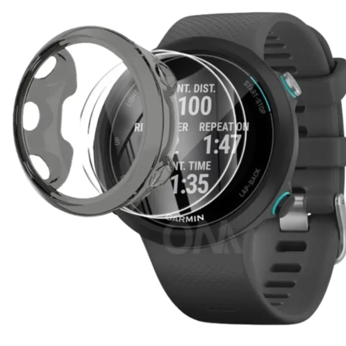 Black Habicare protective watch case for Garmin Swim, provides secure coverage and protection for the waterproof sports watch.