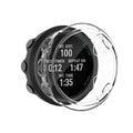Clear Habicare protective case for Garmin Swim watch, showing a transparent waterproof cover fitting snugly around the device.