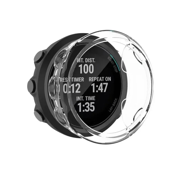 Clear Habicare protective case for Garmin Swim watch, showing a transparent waterproof cover fitting snugly around the device.