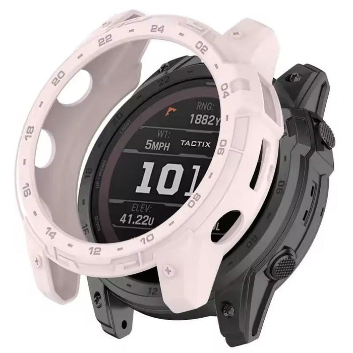 Light pink protective case for Garmin Tactix 7 watch, made by That Watch Shop, showing the durable cover on the smartwatch.
