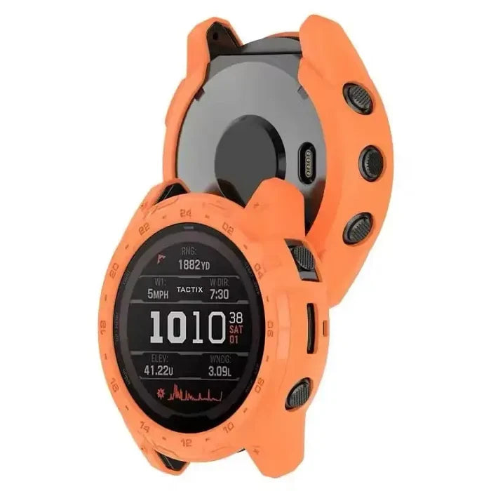 Orange Habicare protective case for Garmin Tactix 7 watch, providing durable coverage and protection for the smartwatch.