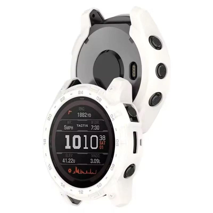 White protective case for Garmin Tactix 7 smartwatch, designed by That Watch Shop, showing the case fitted on the watch.