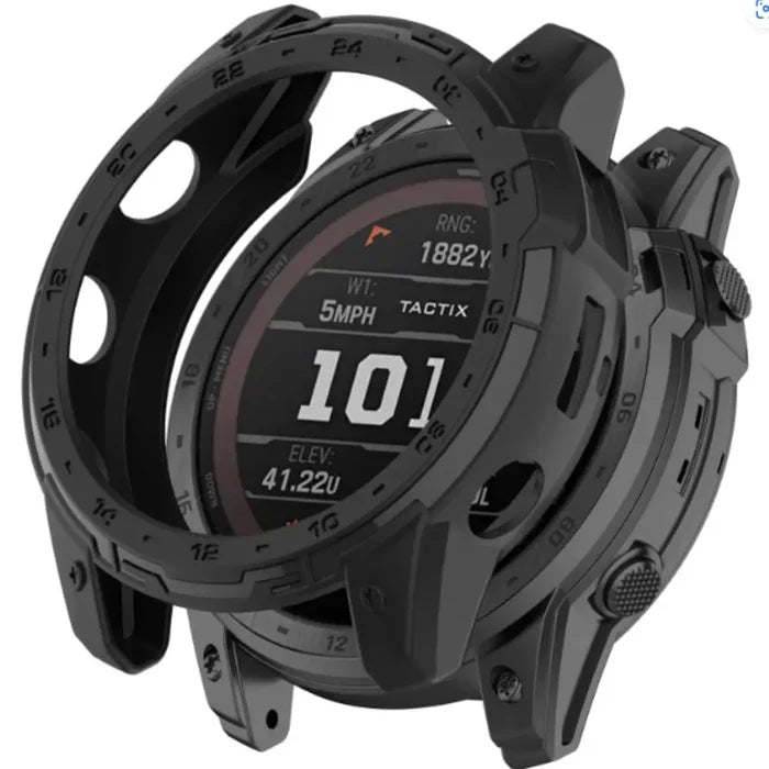 Black Habicare protective watch case for Garmin Tactix Delta, designed to shield the smartwatch from scratches and impacts.