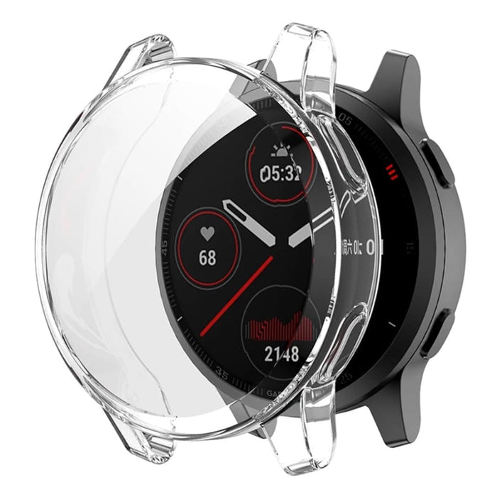 Clear protective case for Garmin Venu 2 watch, made by That Watch Shop, shown fitted on the watch with transparent material.