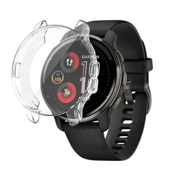 Clear protective case for Garmin Venu 2 Plus watch by Habicare, shown fitted on the device, offering durable, transparent coverage.