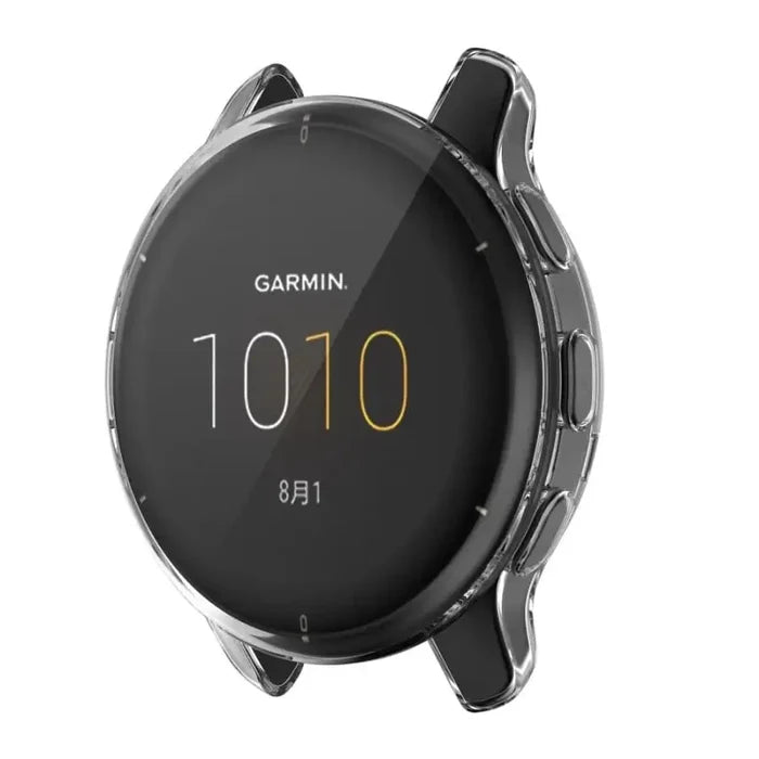 Clear protective case for Garmin Venu 2 Plus watch by Habicare, showing the transparent, snug-fit cover on the device.