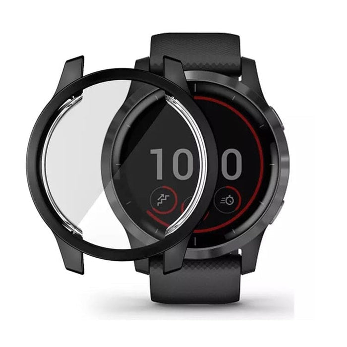 Black protective case for Garmin Venu 2S watch, durable silicone cover showcasing the smartwatch with secure fit and stylish design.
