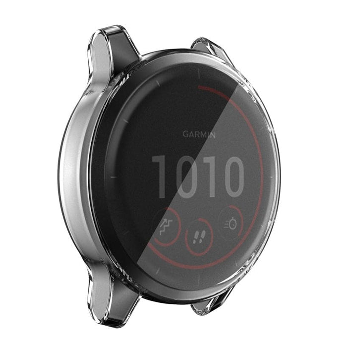 Clear protective case for Garmin Venu 2S watch, made by That Watch Shop, shown fitted around the watch face.