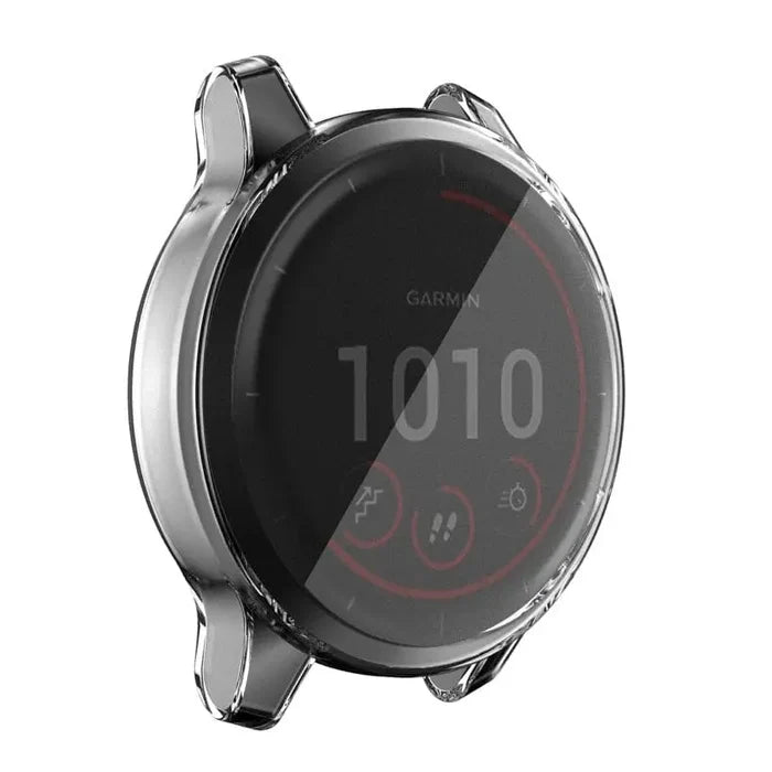 Clear protective case for Garmin Venu 2S smartwatch by Habicare, showing a transparent, snug fit around the watch face.