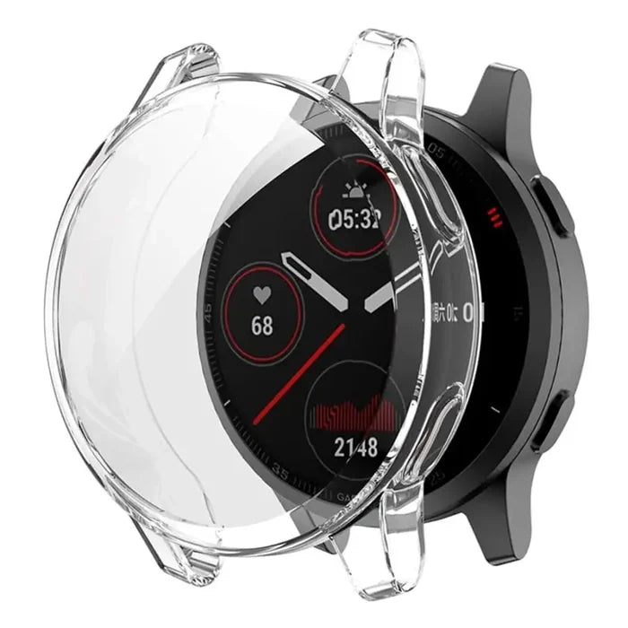 Clear protective case for Garmin Venu 2S watch by Habicare, showing a transparent, snug-fit design around the watch face and band.