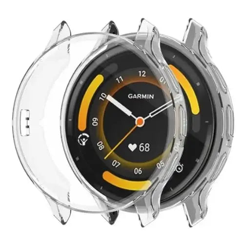 Clear Habicare protective case for Garmin Venu 3 smartwatch, providing durable coverage and screen protection.