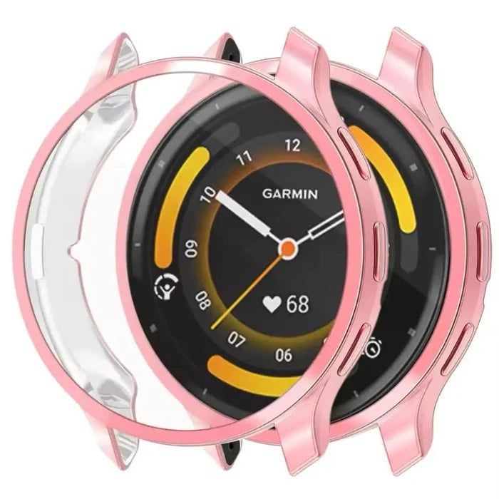 Pink Habicare protective watch case for Garmin Venu 3, custom-fit and clear to showcase the watch face.