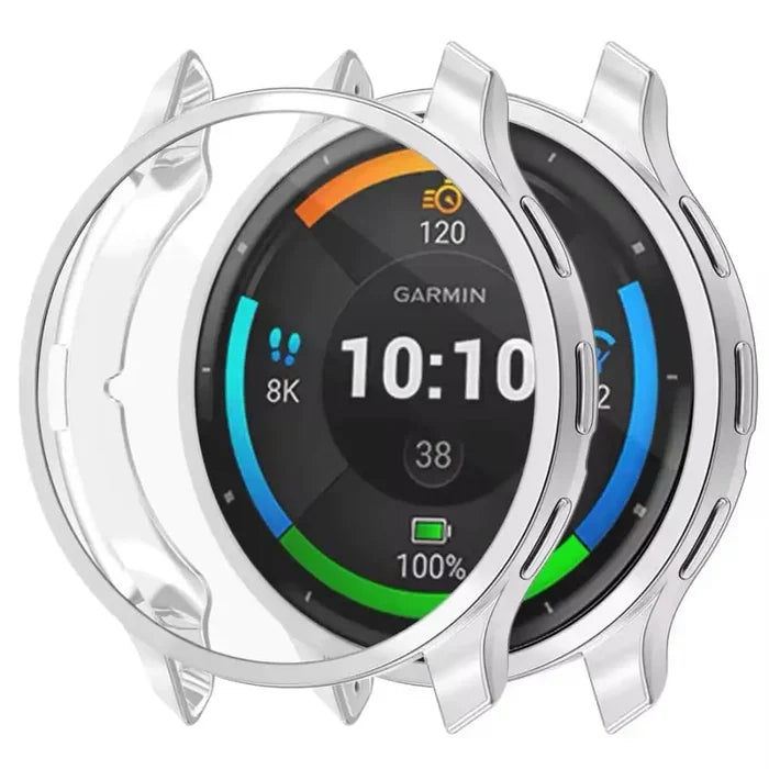 Silver Habicare protective watch case for Garmin Venu 3, designed to shield and personalize the smartwatch.