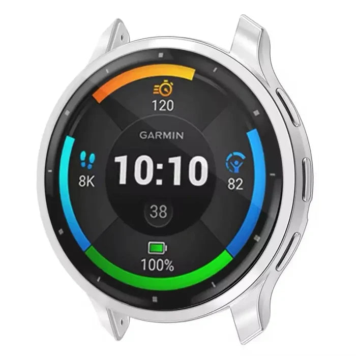 Silver Habicare protective watch case for Garmin Venu 3, showing the sleek, durable cover fitting around the smartwatch.