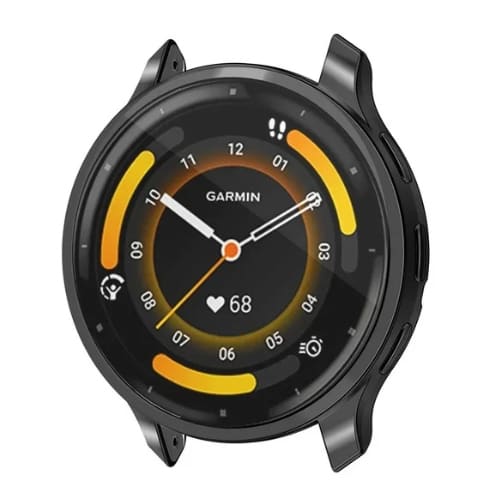 Black protective watch case for Garmin Venu 3S, designed by That Watch Shop, fits snugly around the smartwatch for added protection.