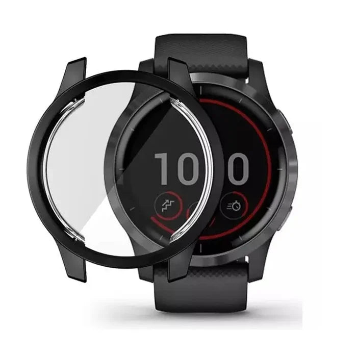 Black protective case for Garmin Venu watch by Habicare, showing the durable plastic cover on the smartwatch.