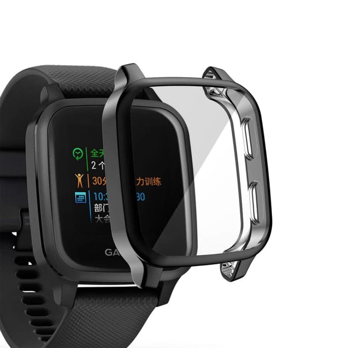 Black protective watch case for Garmin Venu Sq 2 Series, made by That Watch Shop, shown fitted on the smartwatch.
