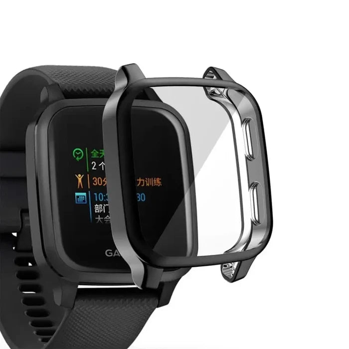 Black Habicare protective watch case for Garmin Venu Sq 2 Series, offering durable coverage and stylish protection.