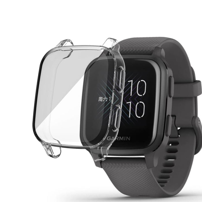 Clear protective watch case for Garmin Venu Sq Series, made by That Watch Shop, shown on a smartwatch.