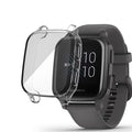 Clear protective watch case for Garmin Venu Sq Series, made by That Watch Shop, shown on a smartwatch.