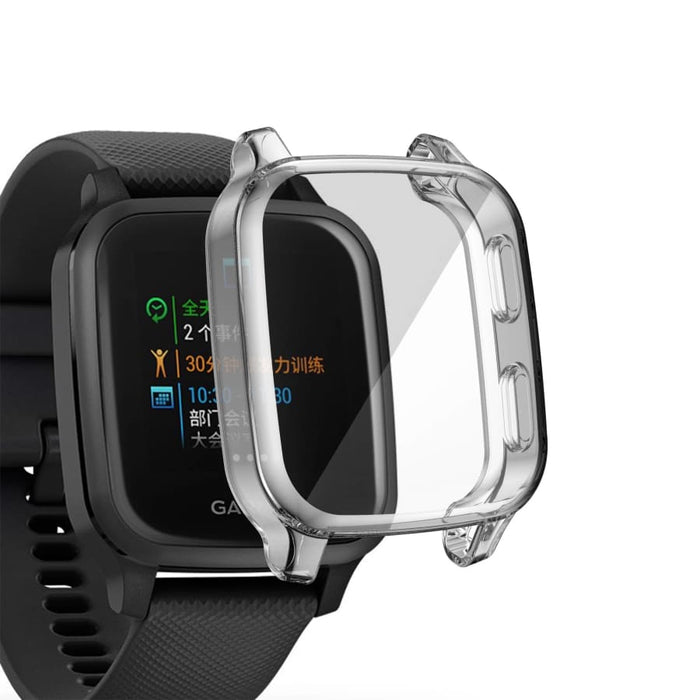 Clear protective case for Garmin Venu Sq Series watch, designed by That Watch Shop, showcasing a transparent, durable watch cover.