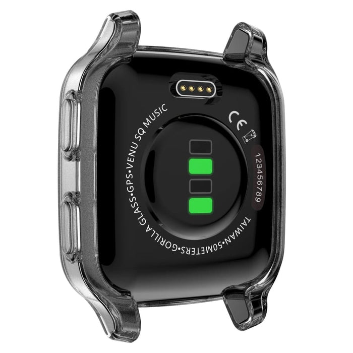 Clear protective case for Garmin Venu Sq Series watch, made by That Watch Shop, shown on a smartwatch in the image.