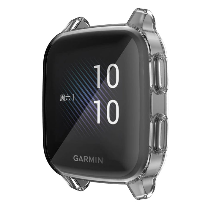 Clear protective case for Garmin Venu Sq Series watch, showing a transparent cover fitted securely to the watch face.