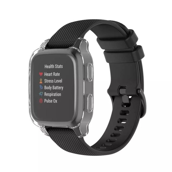 Clear protective case for Garmin Venu Sq Series watch, made by That Watch Shop, showing the transparent watch cover.
