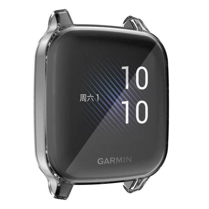 Clear protective case for Garmin Venu Sq Series watch, designed for durable shield and transparent visibility.